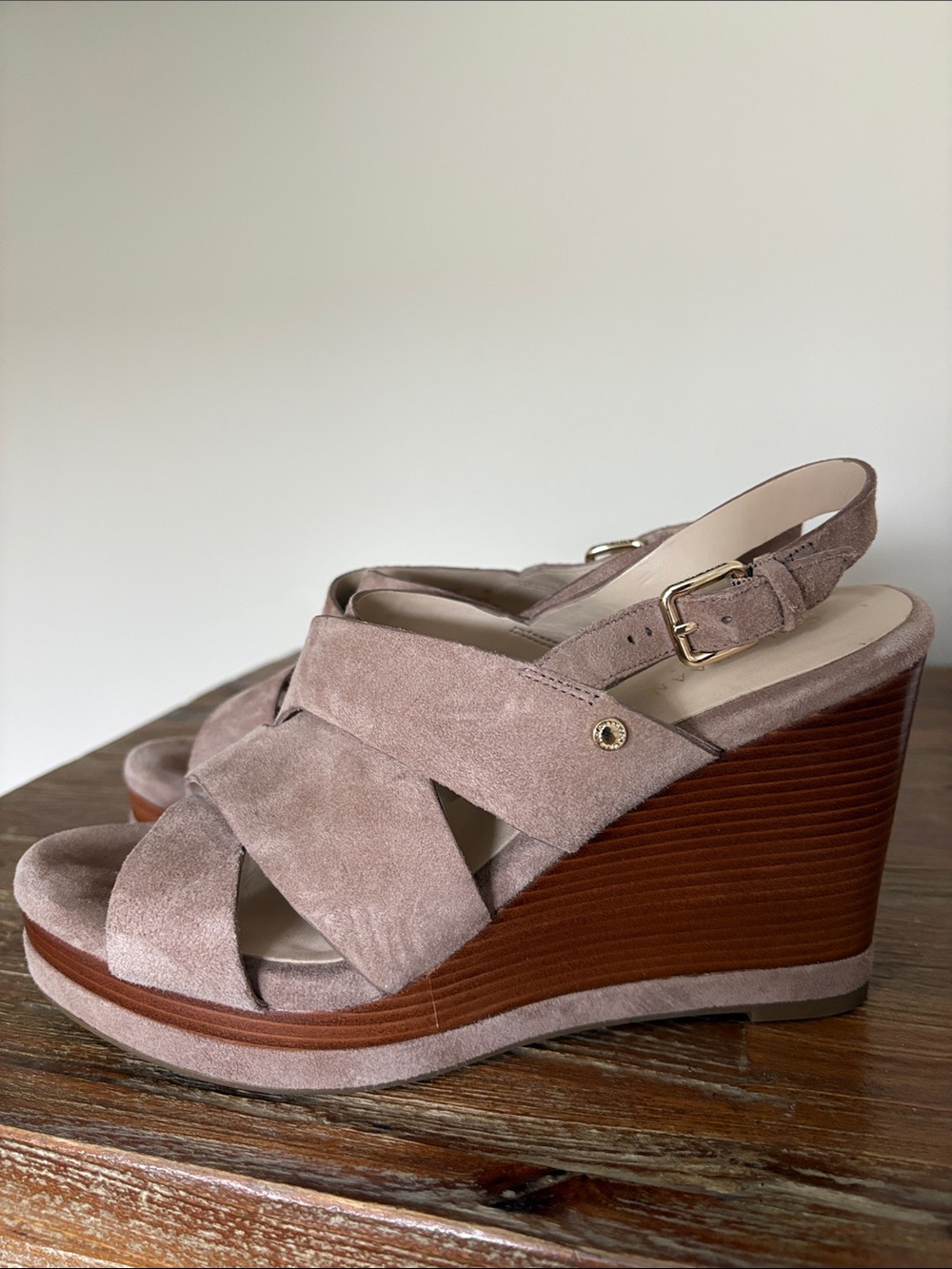 Cole Haan Taupe Suede Crisscross Wedge Sandals